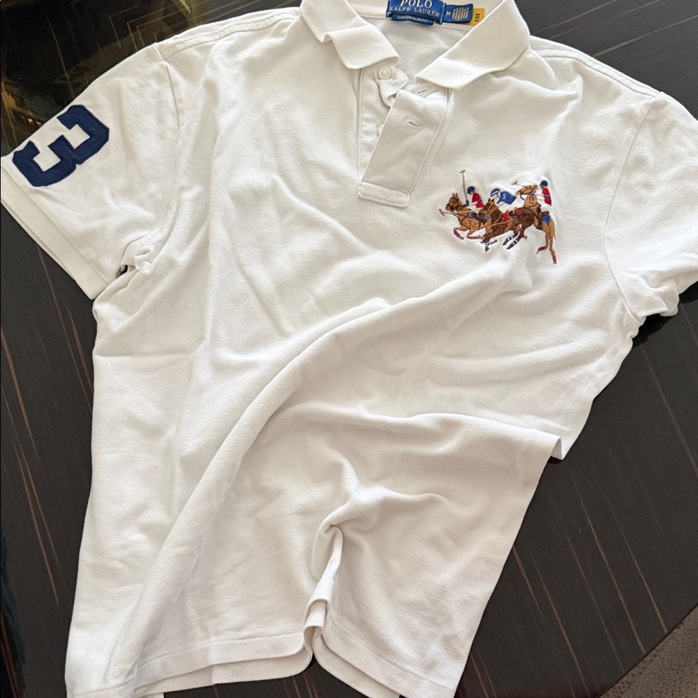 Ralph Lauren White Polo Shirt with Blue and Gold Label m